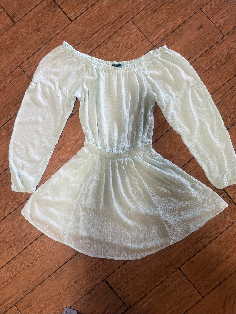 Off-Shoulder Mint Mini Dress with Puff Sleeves Lined